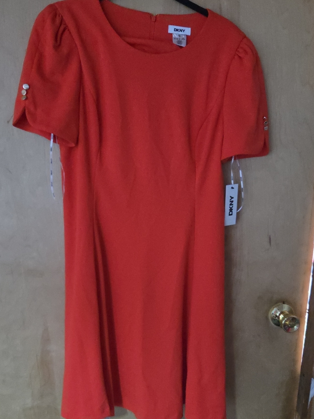 DKNY Bright Orange Puff-Sleeve Midi Dress